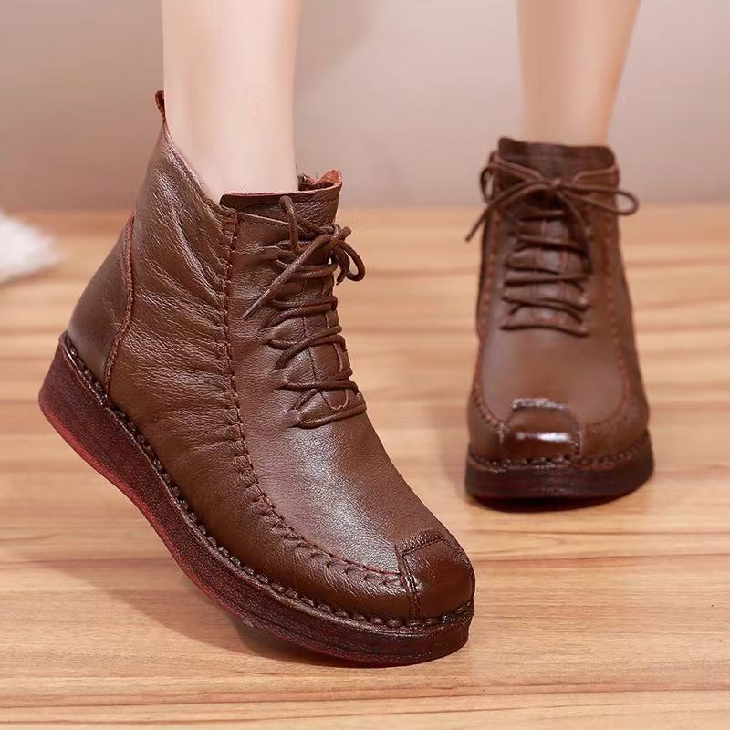 2025 Autumn and Winter New Style Genuine Leather Fleece-Lined Mom Shoes for Women, Soft Sole, Non-Slip, Rubber Sole, Flat Cotton Boots, Middle-Aged and Elderly Short Boots