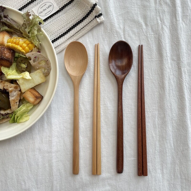 Ins Korean Style Natural Wood Tableware Solid Wood Fork Wooden Spoon Chopsticks Set Long-Handled Spoon Japanese Retro Restaurant