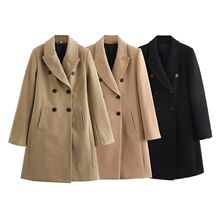 亚马逊冬季新款欧美女装西装领双排扣通勤风长款大衣外套X110956