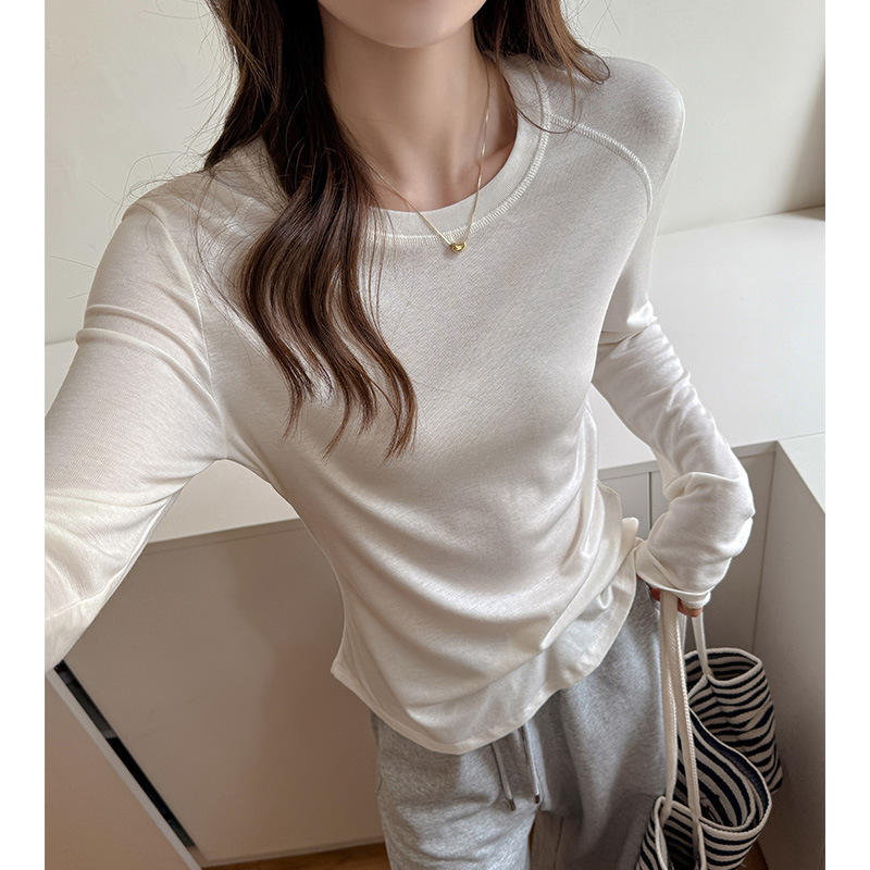 Carefully Selected Tencel Wool Long-Sleeved Bottoming Shirt for Women in Autumn and Winter, Round Neck, High-End, Slimming Look, Korean Style Inner Top That Can Be Worn Outside