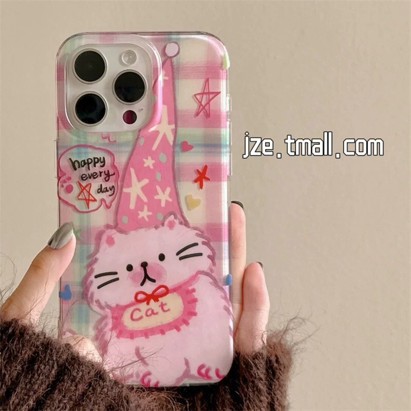 Colorful Plaid Hat Cat Phone Case Suitable for Apple 17/16Pro Niche Anti-Fall Iphone15/14P Simple Colorful Plaid Hat Cat Phone Case Suitable for Apple 17/16Pro Niche Anti-Fall Iphone15/14P Simple