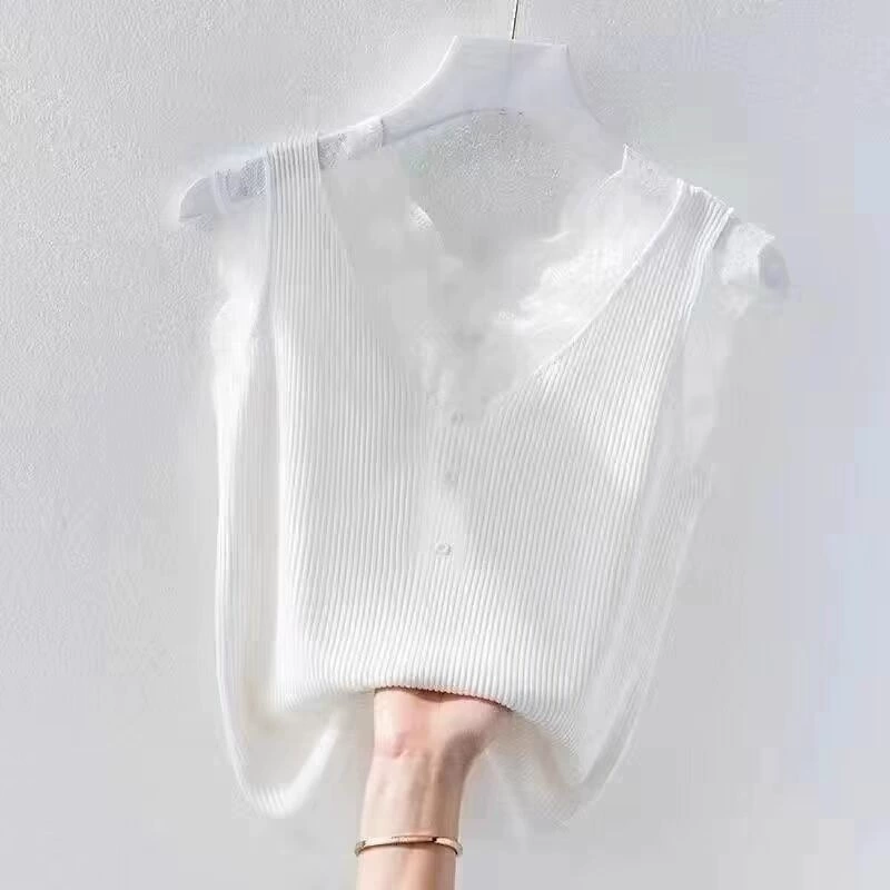 Летняя кружевная эластичная шелковая майка с чашками без рукавов, Oversize, западный стиль