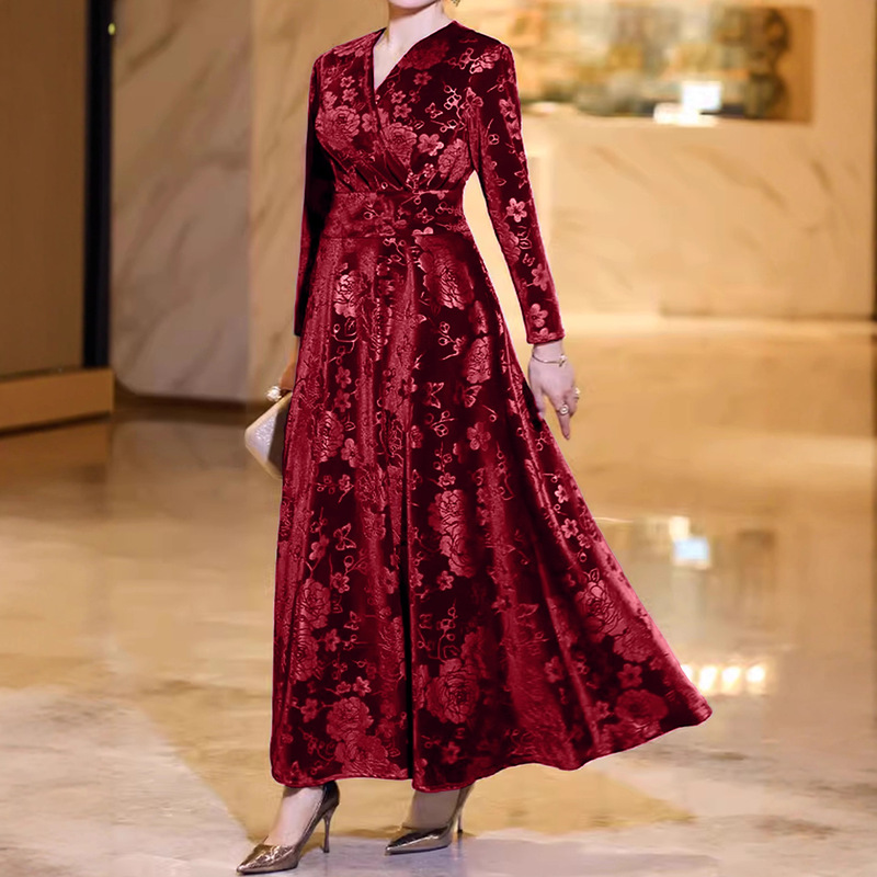 Cross-Border Amazon Women's Clothing 2025 Autumn and Winter New European and American Large Size Slimming Look and High-End Gold Velvet Dress