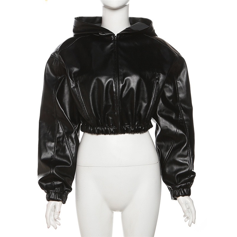 Trendy Faux Leather Hooded Cropped Jacket For Women - Streetwear Biker Style Zippered Long Sleeve Top_ecoleips.com