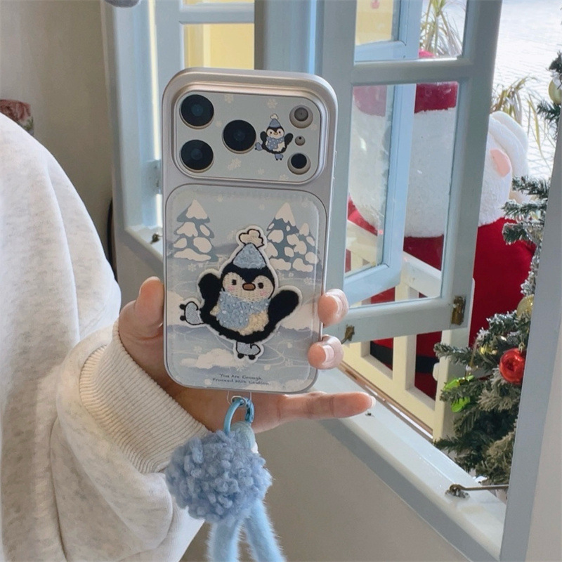 Large Window Embroidered Penguin Leather Phone Case Suitable for Apple 17 Pro Max, 16/15 Protective Cover, 14 Pom-Pom Pendant