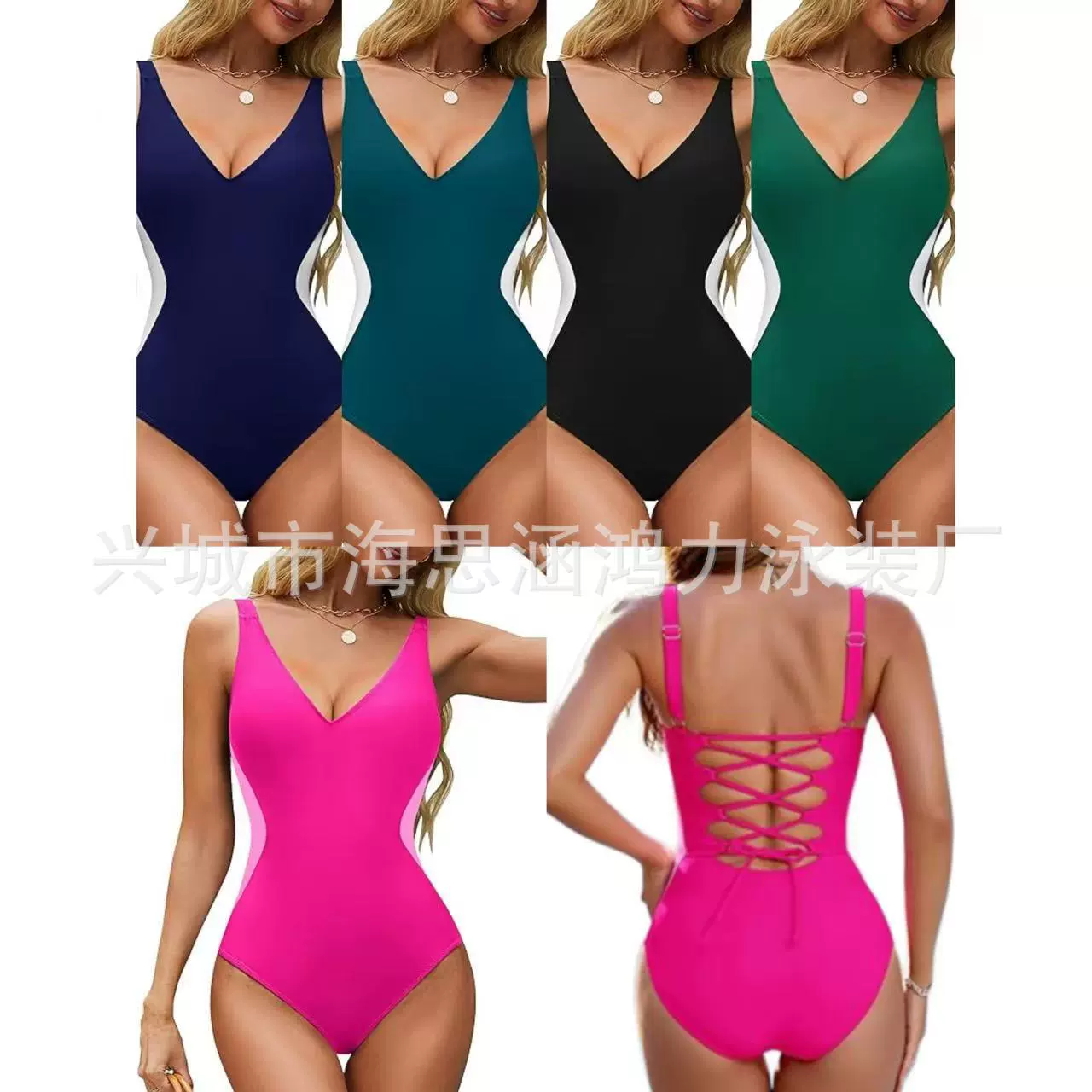 速卖通亚马逊欧美跨境爆款多色V领视觉瘦腰露背显瘦连体女士泳衣