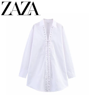 ZAZA 自制欧美风 批发女装 时尚 设计纯色简约抽绳系带翻领长袖衬