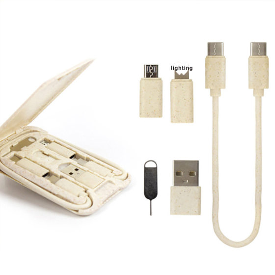 Gift making multifunctional card data cable wheat straw degradable suit three-in-one business card mobile phone charging cable