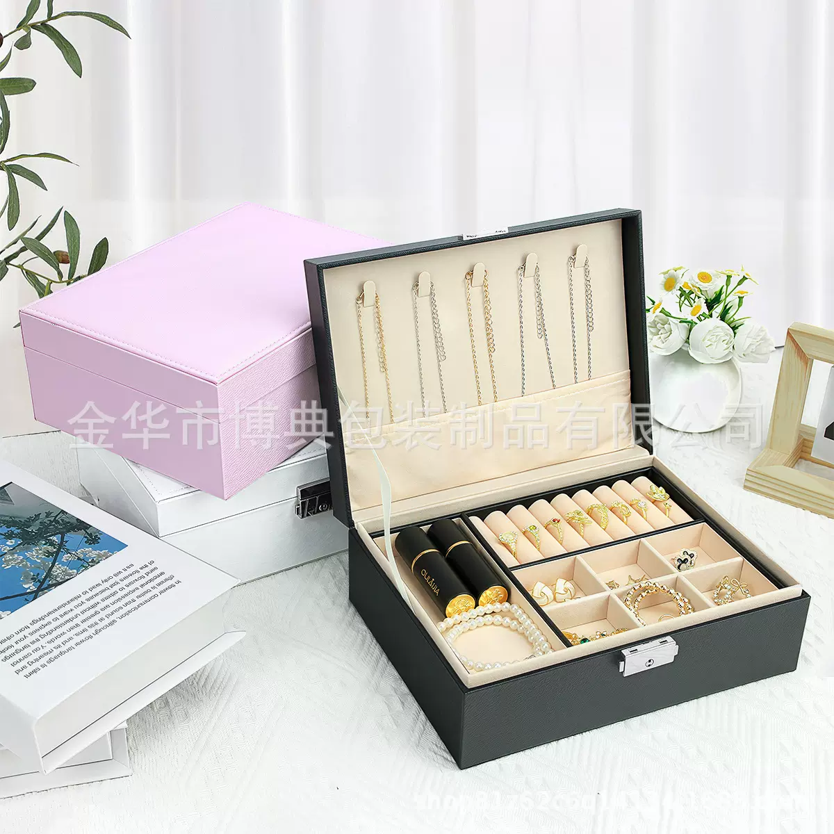 新款 双层带锁大容量女戒指耳钉项链手镯整理首饰收纳盒子 珠宝盒