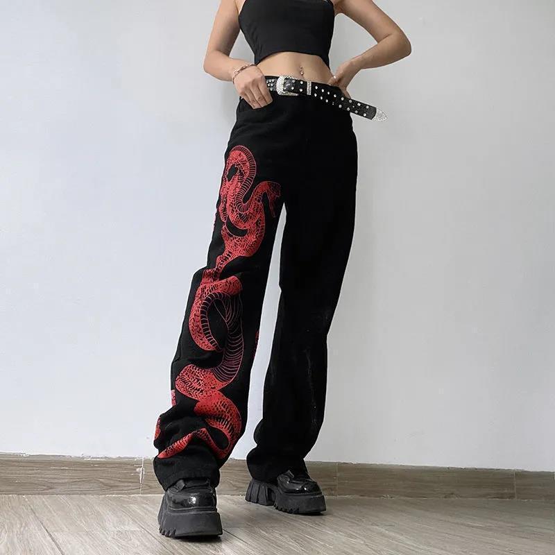 European and American Dark Snake Print Asymmetric Jeans Women's Personalized Loose Straight Leg Pants with Long Legs