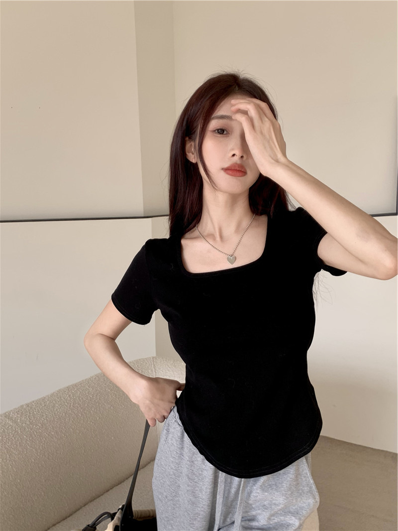 175g Weight Short Sleeve Sleeve Length Polyester Fabric Type Short Top Length T-shirt Tops Type Casual, Daily Occasion Square Neck Neckline Slim Fit Type Solid Color Pattern Summer, Spring, Autumn Season Women's Gender Casual, Simple Style Style Wholesale Women's Casual Simple Style Solid Color Short Sleeve T-Shirts 3
