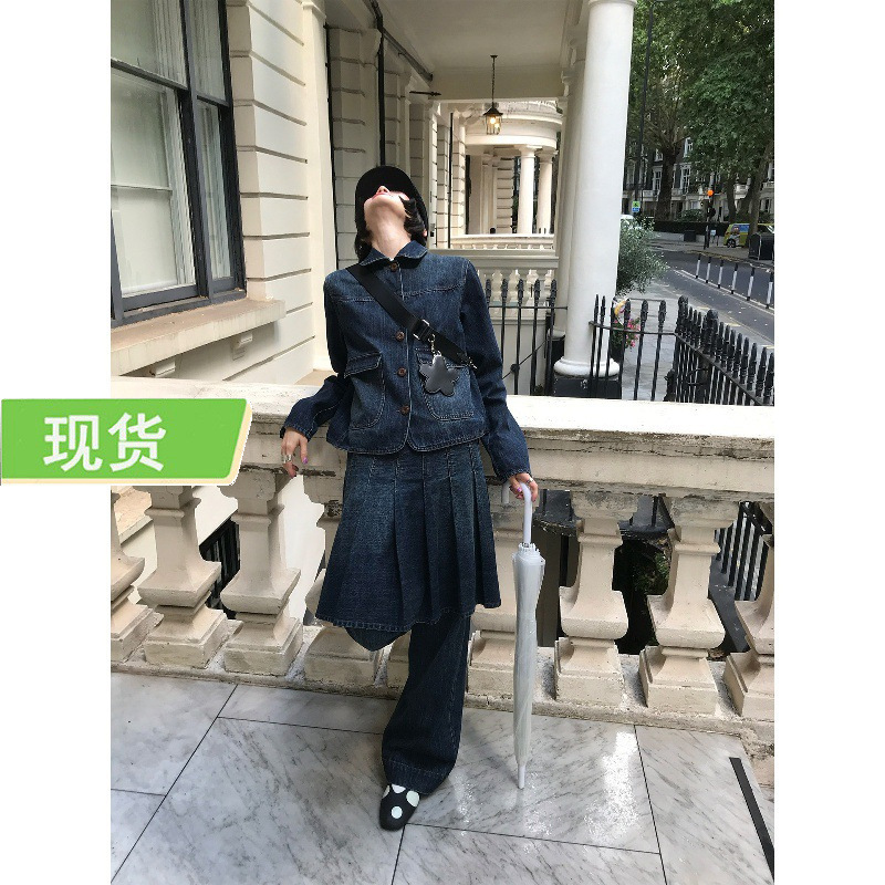 Mona Zhang Qixian Japanese Anime Girl Retro Denim Set/Pocket Jacket/Wide Pleated Skirt/Wide-Leg Jeans