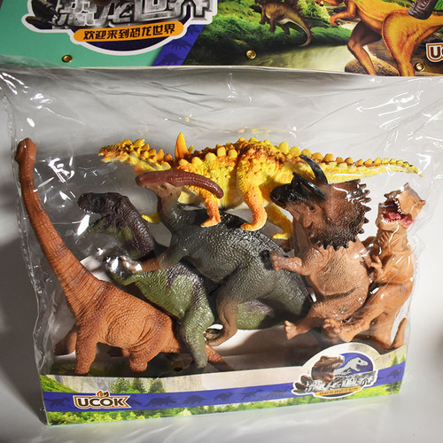 Bag with 6 9-inch dinosaur toy models, simulation animal, Triceratops and Brachiosaurus, for boys