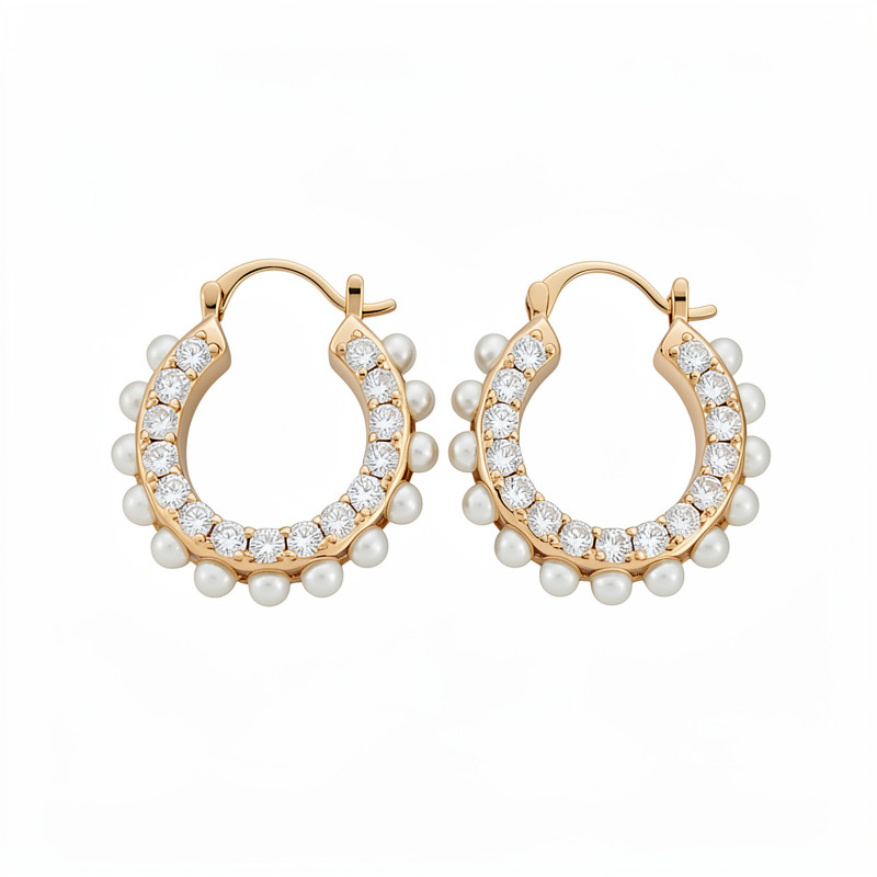 14k oro real chapado aguja de plata de diamante perla redonda perlas temperamento pendientes retro lujo ligero alta sensación de auriculares