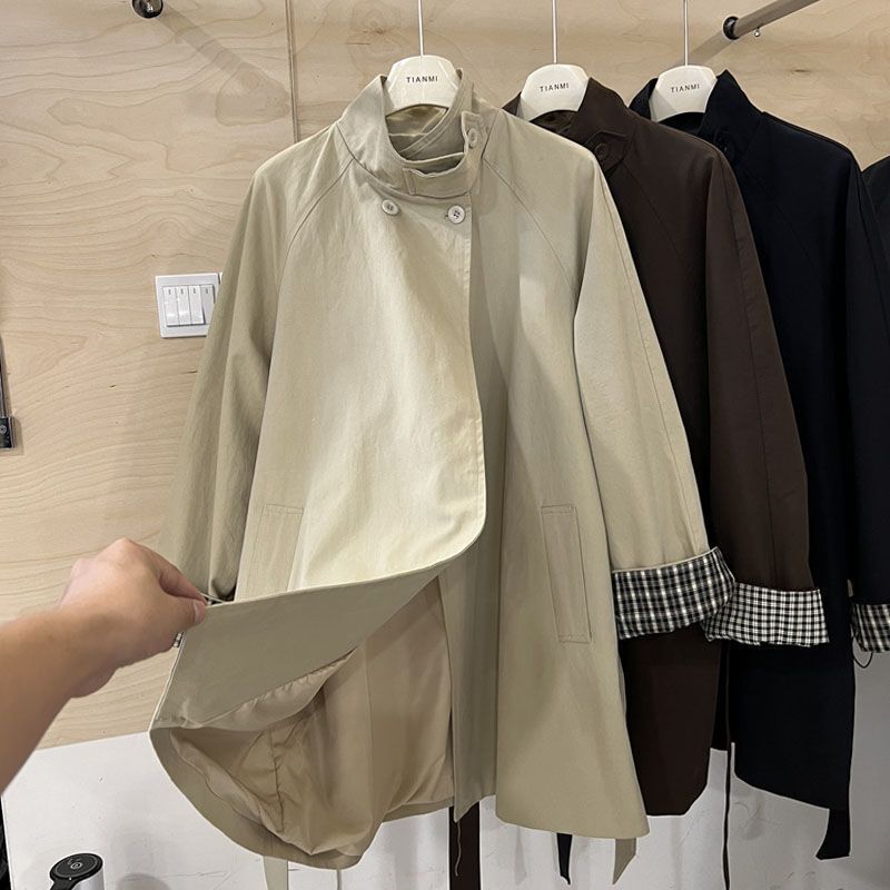 British Style Autumn New Style Stand Collar Plaid Contrast Color Mid-Length Windbreaker Women's New Style Chic Belt Jacket Black