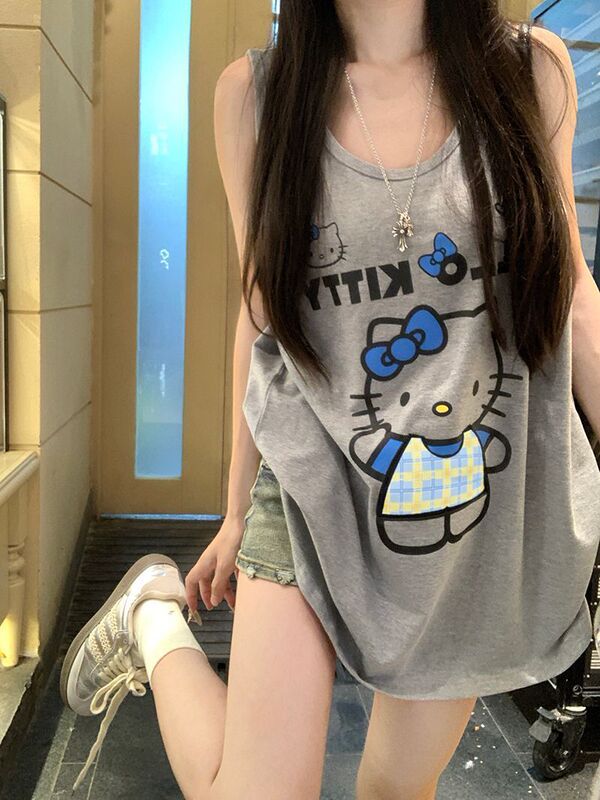 アメリカンレトロキティ猫プリントベスト Tシャツレディース夏の新しいルーズトレンディブランドホットガールノースリーブトップトレンディ|undefined
