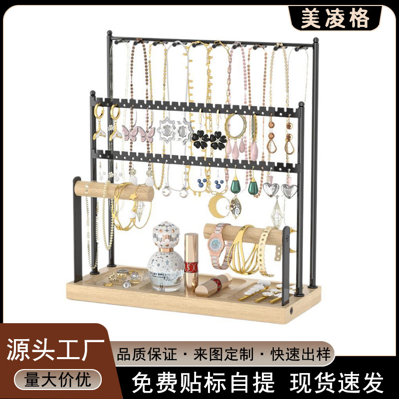 Larga capacidad de exhibición de joyería estante de hierro forjado casero pendientes multicapa percha de joyería gancho estante de madera