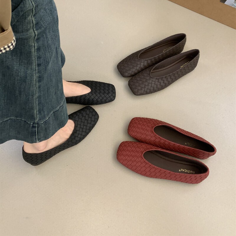 25新款法式复古风编织方头乐福鞋女浅口百搭舒适平底一脚蹬奶奶鞋|undefined
