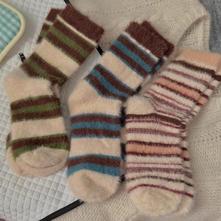 2024 new autumn and winter mink velvet striped socks children's mid-tube socks autumn and winter thickened warm socks sleep socks floor socks