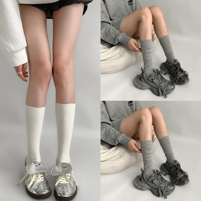 グレー縦縞細ストリップ薄い韓国無地カーフソックスインシンプルスリムパイルソックス女性多用途二本針ソックス|undefined