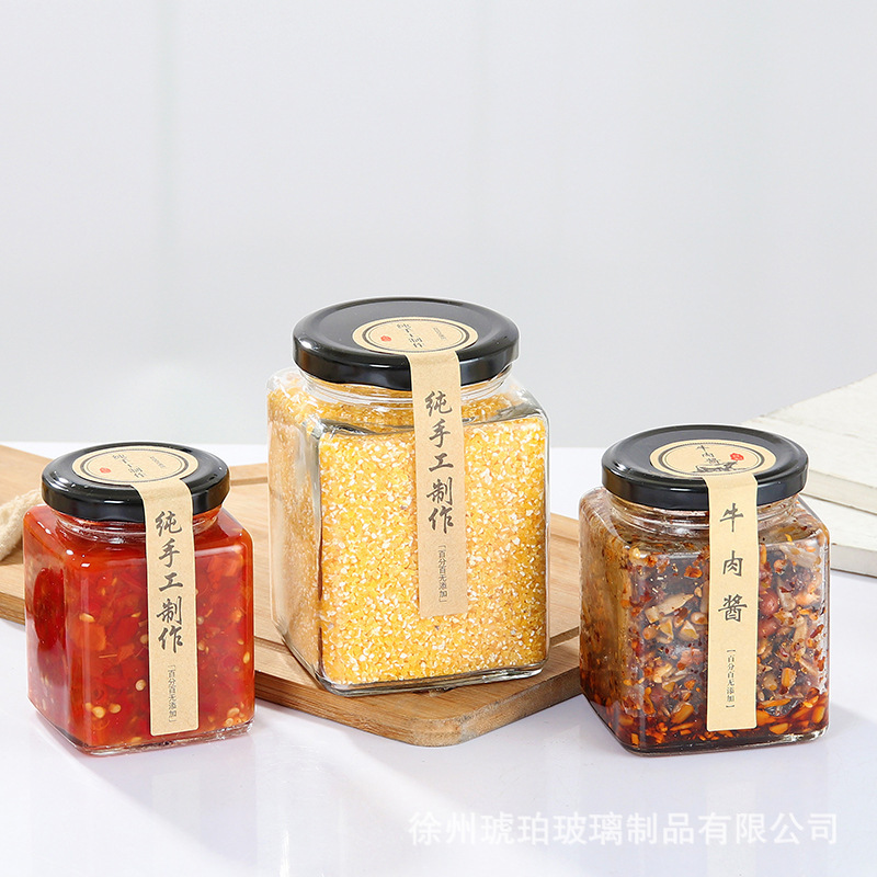 メーカー卸売り缶の角型蜂蜜瓶500mlガラス密封唐辛子味噌汁瓶ジャム缶味噌汁瓶|undefined