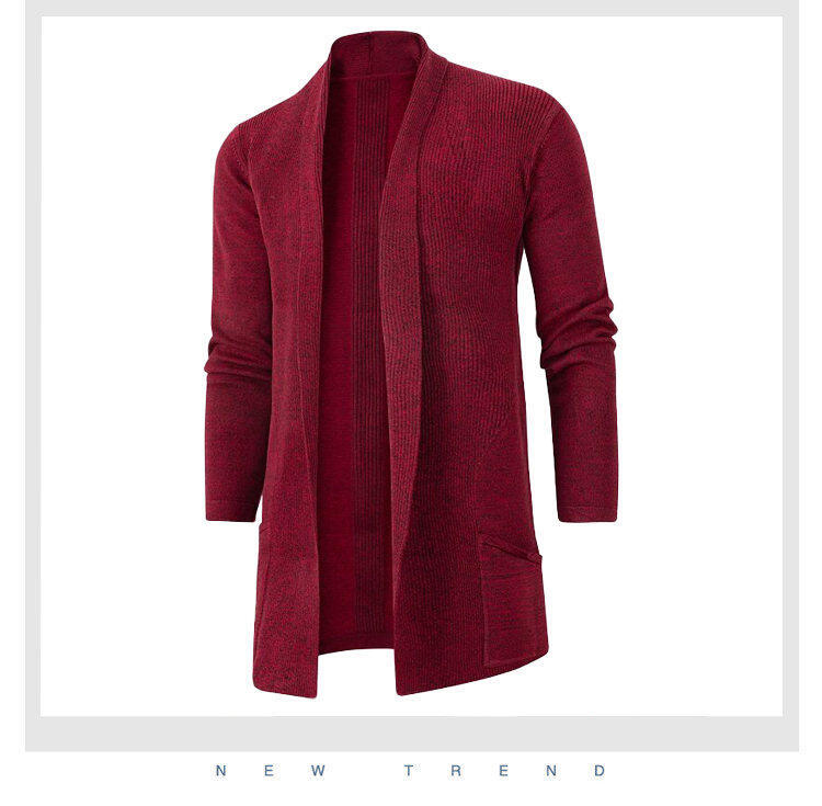 Herrenbekleidung Lässiger Herren-Strickcardigan mit langen Ärmeln und Reverskragen, schmal geschnittener, mittellanger Pullover mit offener Vorderseite für stilvolle urbane Kleidung_voghion.com