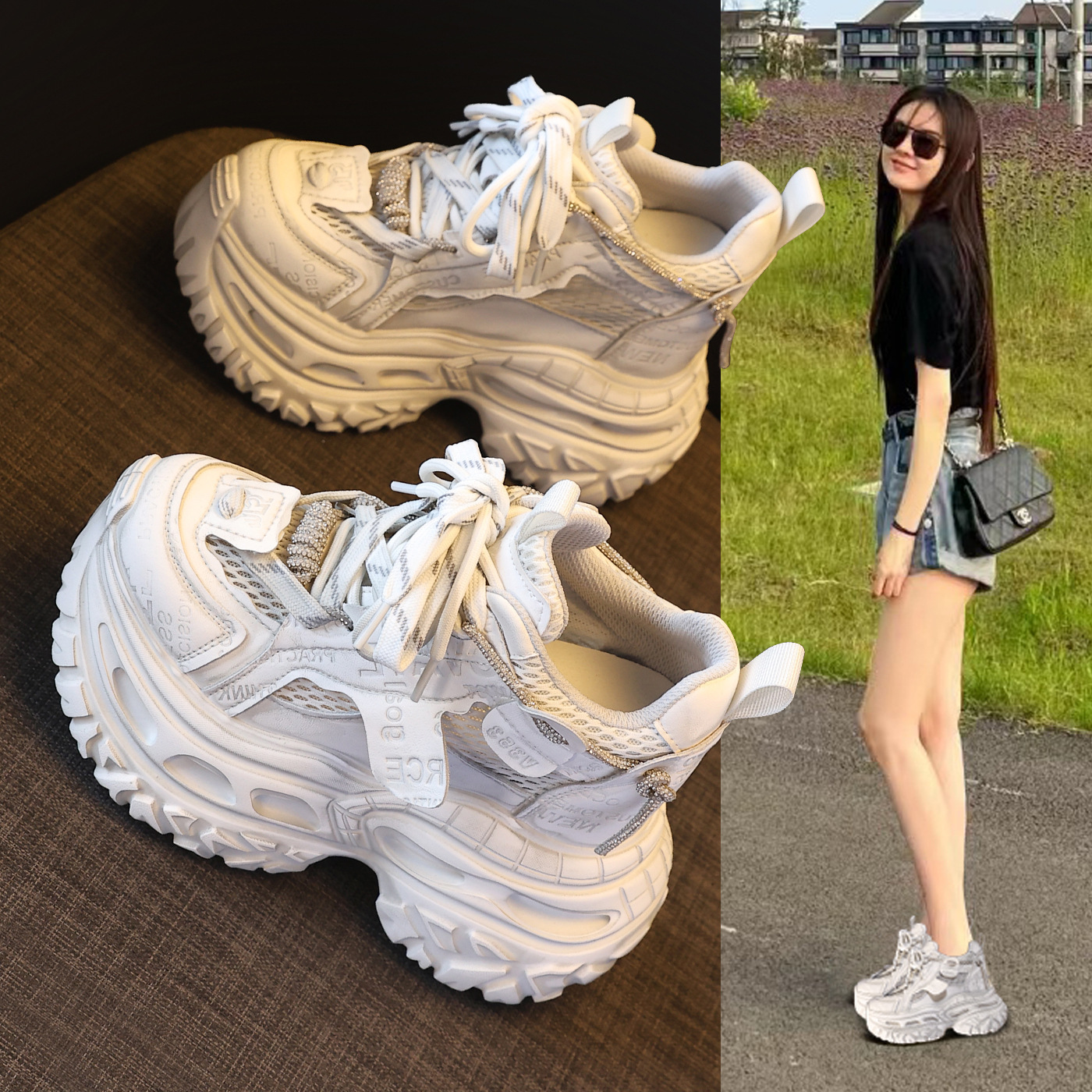Giày sneaker nữ đế dày tăng chiều cao 12cm mặt lưới thoáng khí — Tro thô