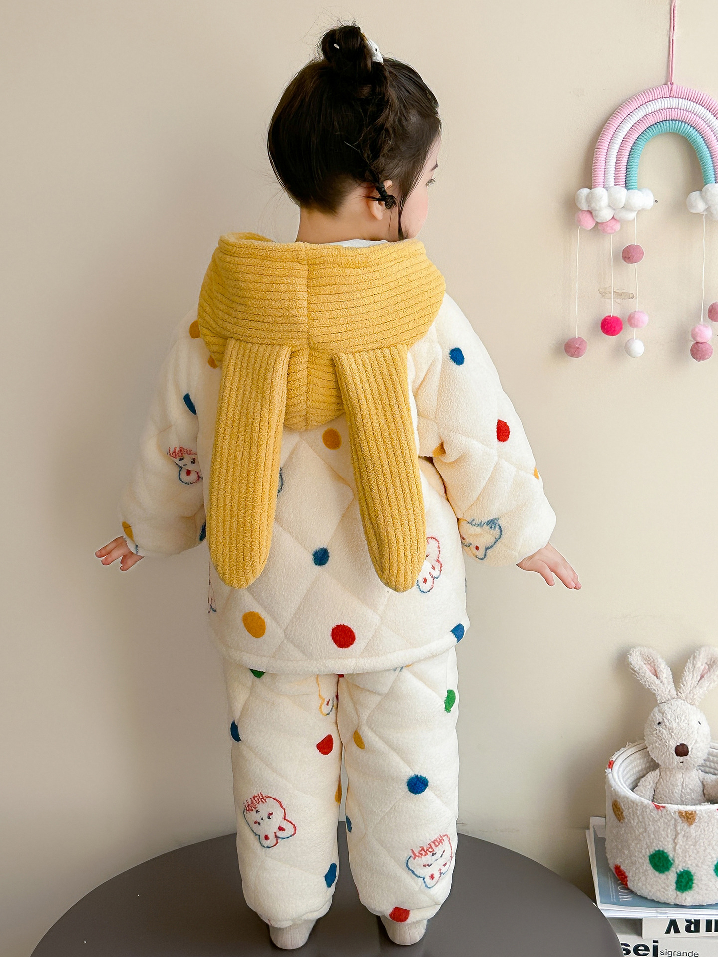 Niñas coral terciopelo ropa de hogar tres capas de algodón engrosado conjunto de invierno terciopelo para niños con capuchón pijamas cálidos