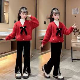 女童假两件毛衣套装2023秋冬季小女孩设计感网红上衣喇叭裤两件套