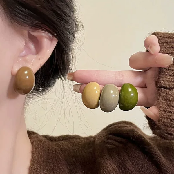 Atmospheric Semicircle Resin Earrings Autumn and Winter Retro Chocolate Bean Earrings Korean Niche High-End Earrings for Women