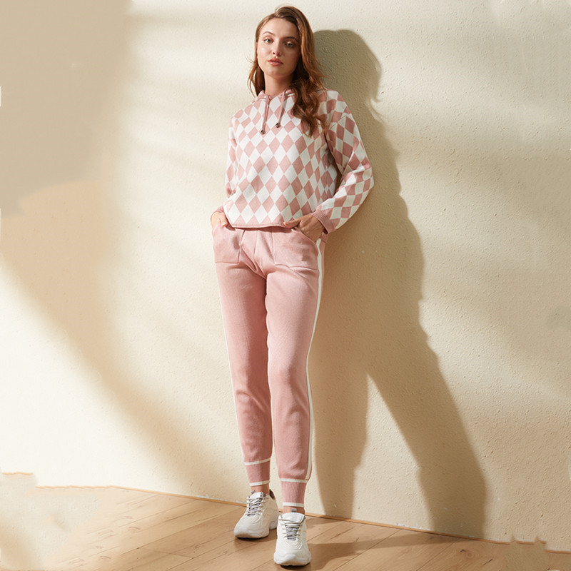 Fashion Pink Rhombus Print Hooded Top And Pants Set