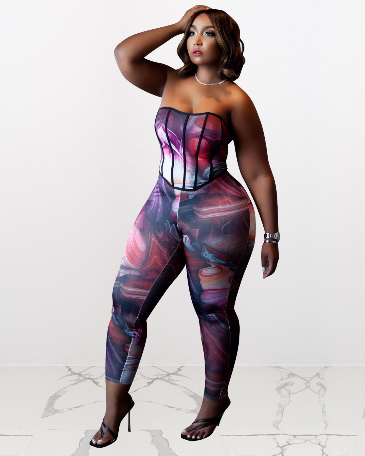 plus size print tube top backless high waist tight vest and trousers set NSFH130029