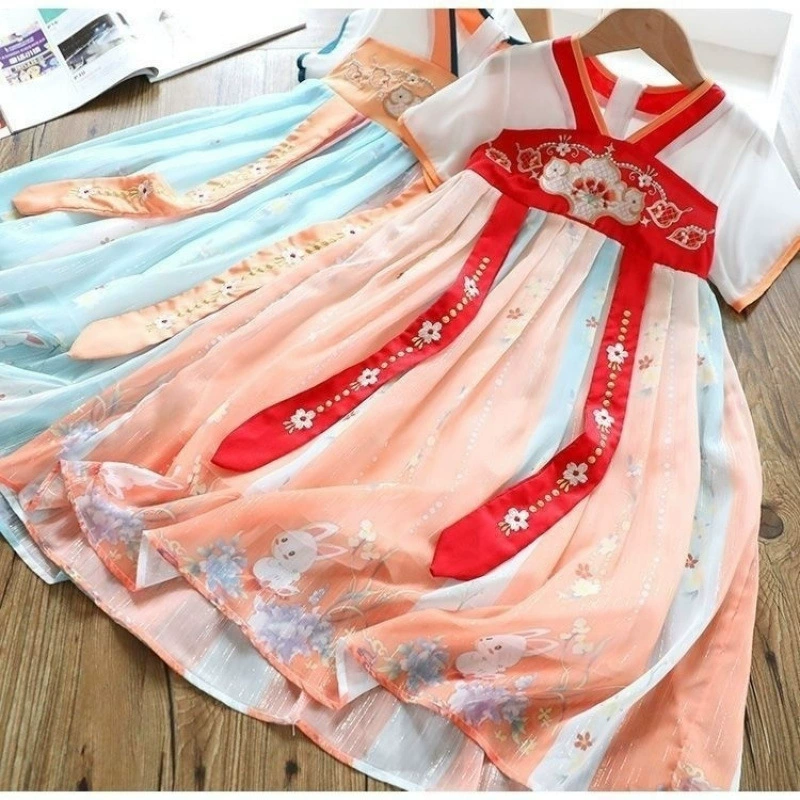 Лето Hanfu для девочек, новинка 2023 года, китайский костюм Тан, платье принцессы для девочек, древний стиль, супер фея, вышитый Ruqipu.