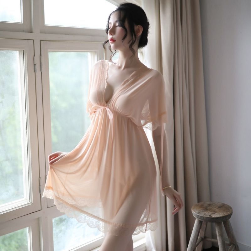 Two-wear Sexy Pajamas for Women SuMMer Loose Large Size Sling Thin Lace Deep V 80kg Fat Mm Backless Long Nightgown
