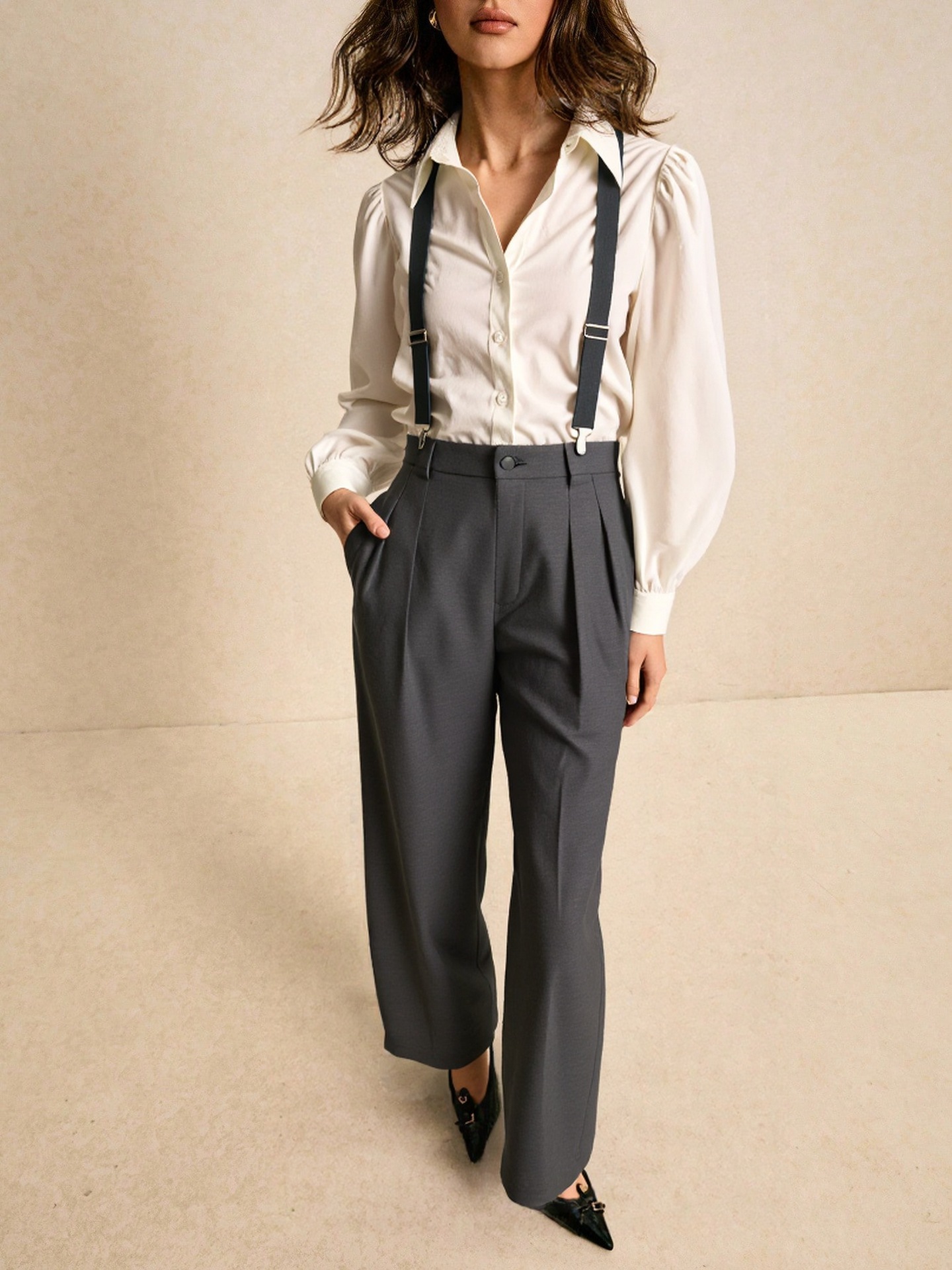 Artistic White Collared Long Sleeve Shirt Matching Gray Suspender Pants Two Piece Elegant Sets 6 Artistic White Collared Long Sleeve Shirt Matching Gray Suspender Pants Two Piece Elegant Sets