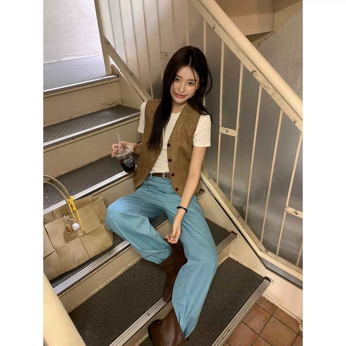【不退不换】复古设计感叠穿麂皮绒v领马甲女款时尚女装短款上衣