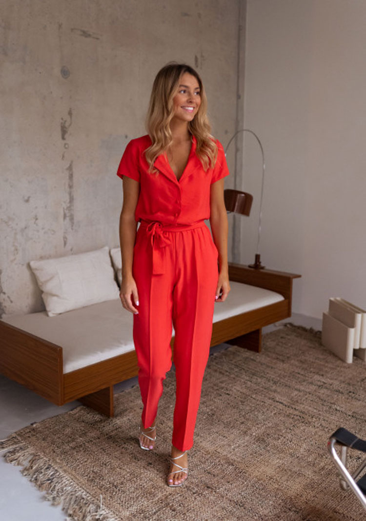 lace-up short sleeve lapel wide-leg solid color jumpsuit NSOYL131369