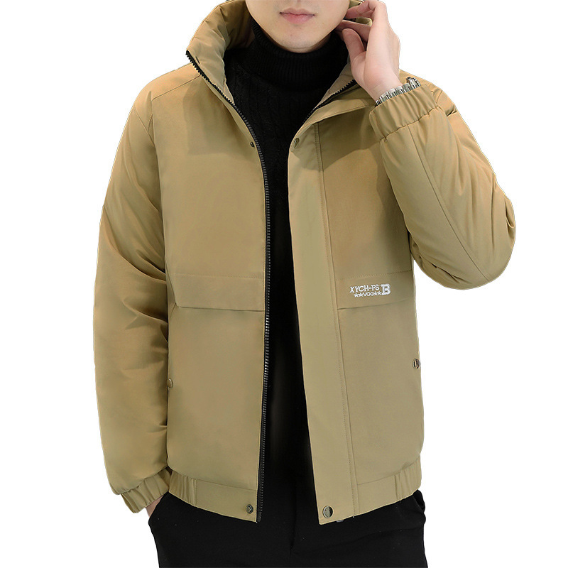 겨울 새로운 2024 면 의류 남성 수직 칼라 솔리드 컬러 두꺼운 따뜻한 코튼 코트 청소년 패션 센스 재킷