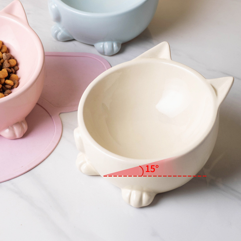 陶磁器の猫の碗の双碗の飲み物の碗のペットのかわいい猫の鉢の高い足の首の保護の頚椎の斜め口の猫の茶碗の猫|undefined