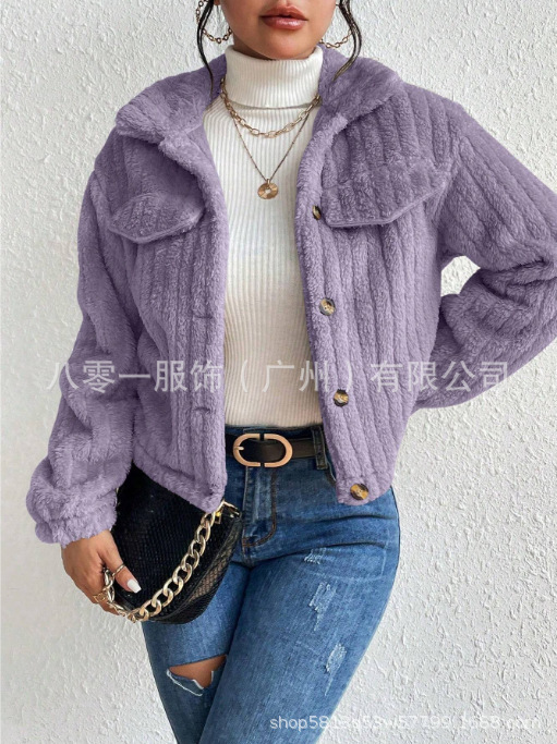 跨境速卖通秋冬毛绒夹克翻领加绒保暖时尚短装加厚女装休闲风外套|undefined