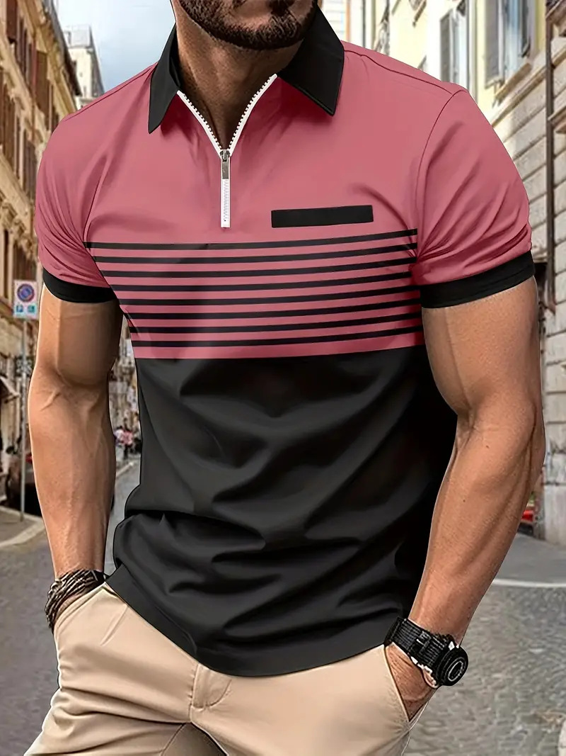 Striped Polo Shirt For Men With Turn-down Collar And Zipper_voghion.com