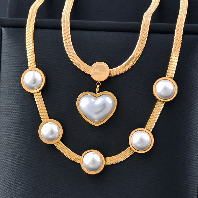 Fashion Heart Shape Titanium Steel Inlay Inlaid Gold Pearl Pendant Necklace 1 Piece