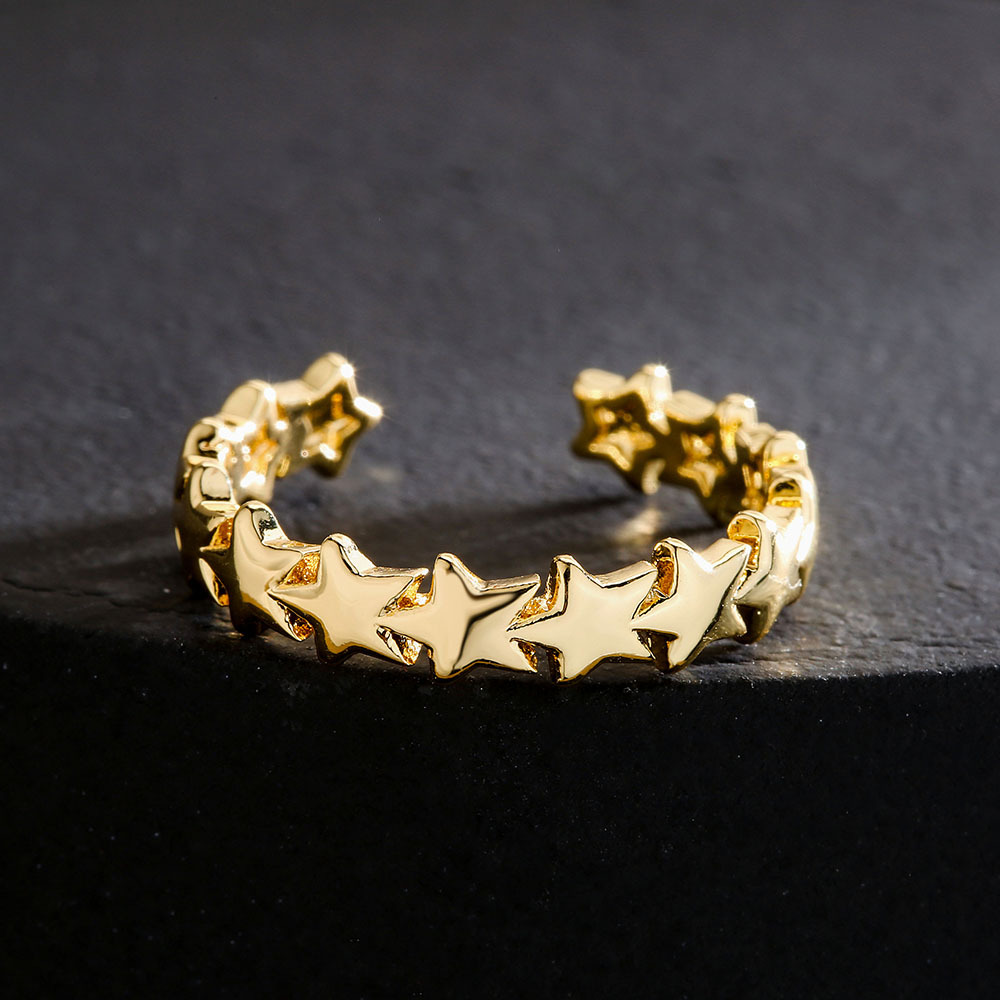 fashion copper 18K gold zircon five-pointed star geometric open ring female