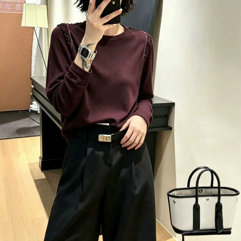 Fashionable women's long-sleeve knit top with shoulder ruffles, ruffled edges, and rhinestone embellishments, thin and versatile for autumn, slimming round-neck top