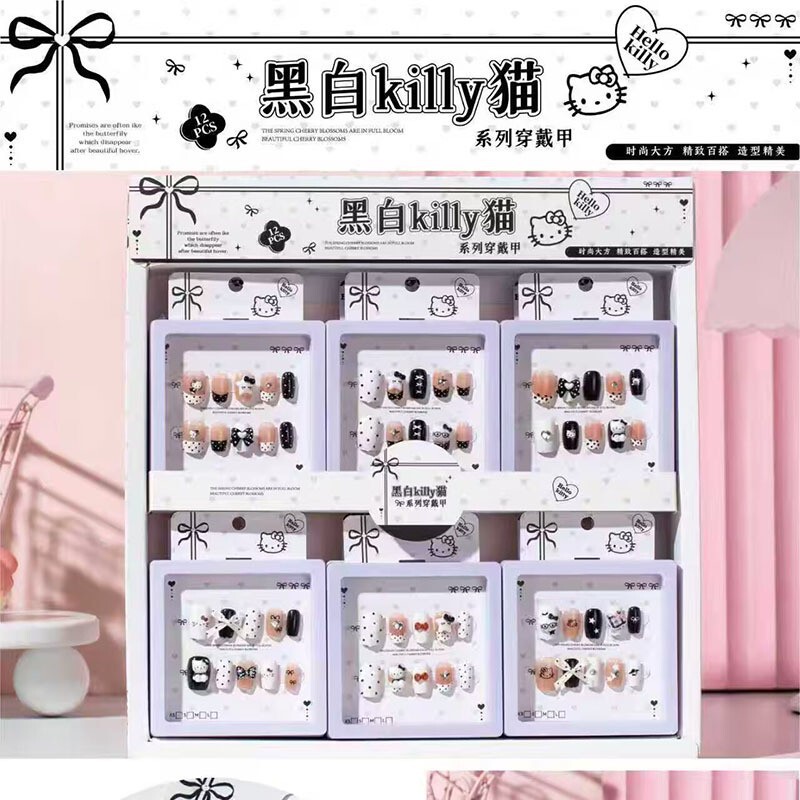 Cross-Border European and American Style Ice-Clear Kt Cat-Eye Nail Art, High-End New Cartoon Extended Nail Stickers, Fake Nails, Wearable Nails in a Box