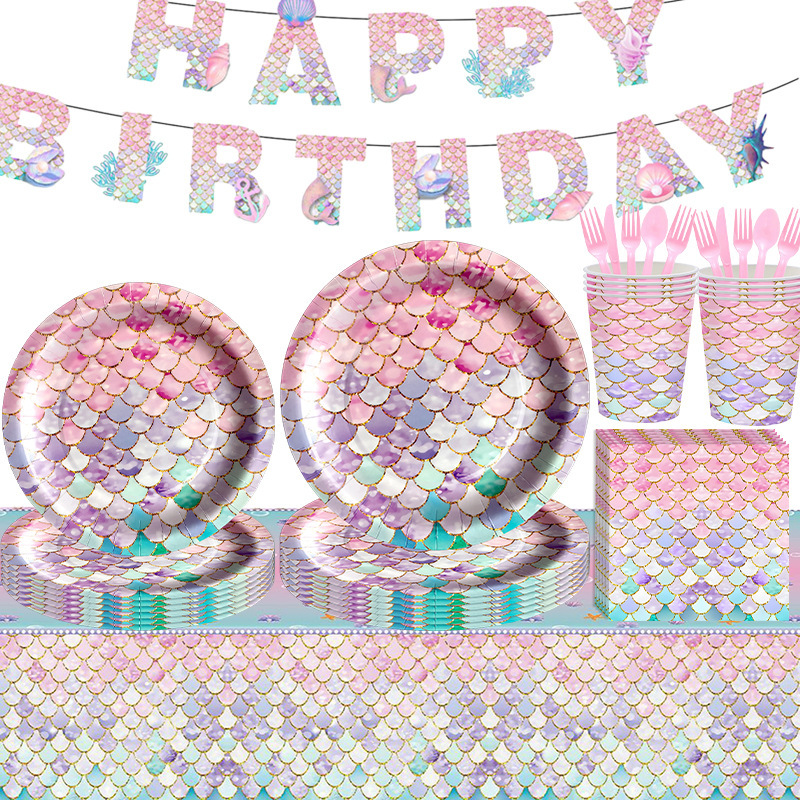 Cross-Border Fish Scale Mermaid Party Supplies Theme Pink Birthday Disposable Paper Plate Paper Cup Tissue Tableware Set