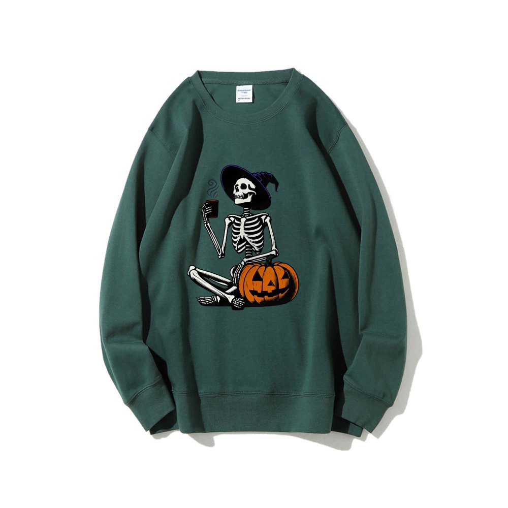 Skeleton Pumpkin Halloween Long Sleeve Top Retro Fall Coffee