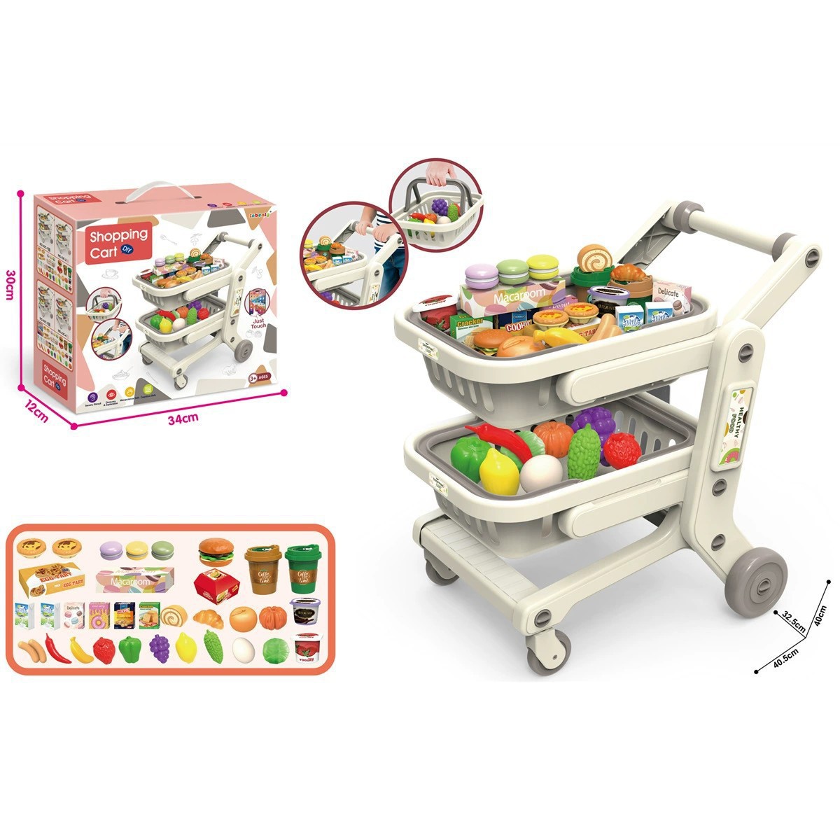 Comercio exterior infantil simulación de supermercado de doble capa de frutas y verduras carro de compras plano a través del juego de juguetes de supermercado