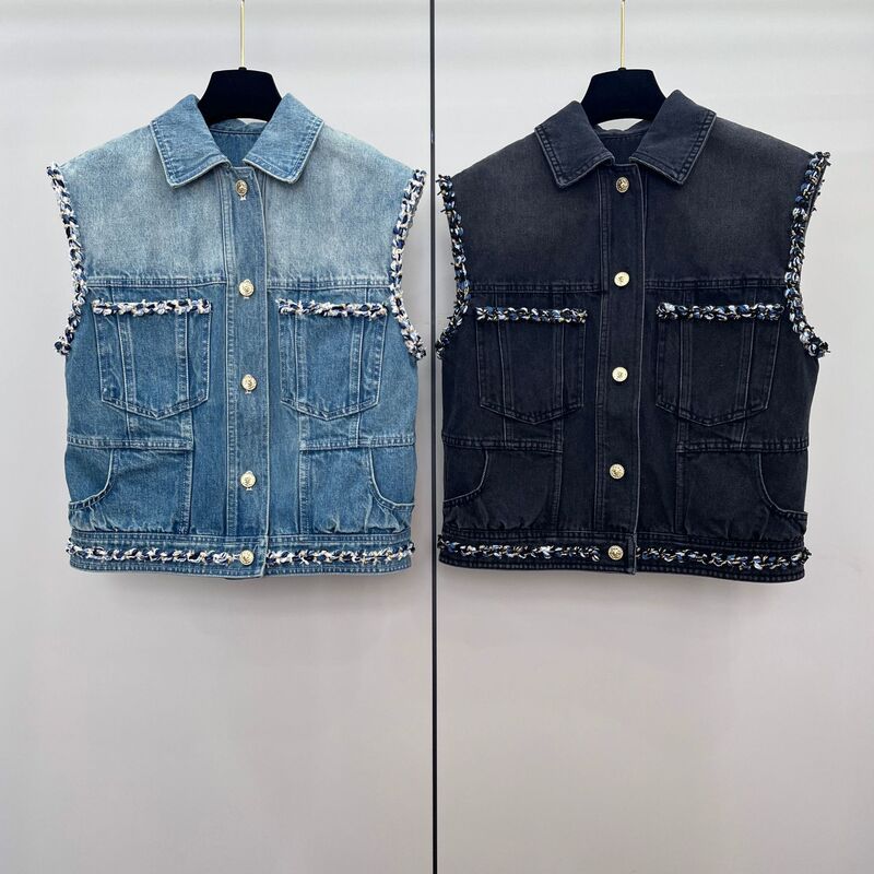 Tweed Style Hand-Woven Webbing Denim Vest for Women 25 Summer New Design Stacked Loose Sleeveless Jacket