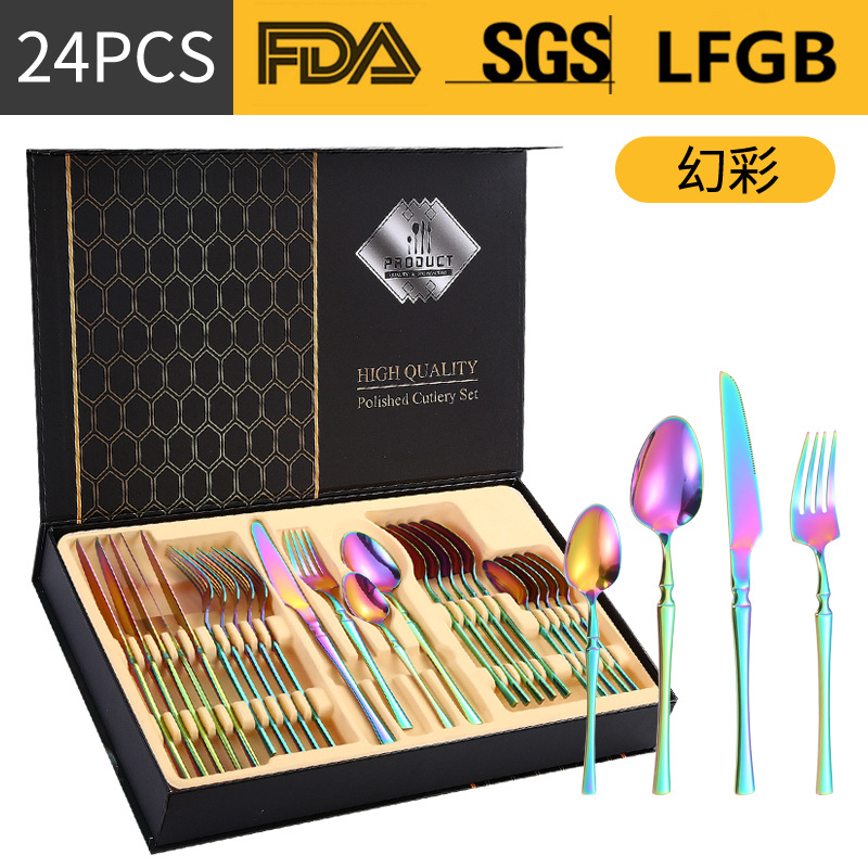Amazon transfronteriza suministro de vajilla de acero inoxidable 24 piezas traje de cintura pequeña 4 piezas caja de regalo cuchillo, tenedor y cuchara traje
